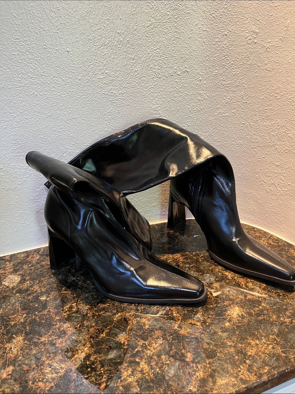 Women's Black Leather LookAnkle Boots with Block Heel